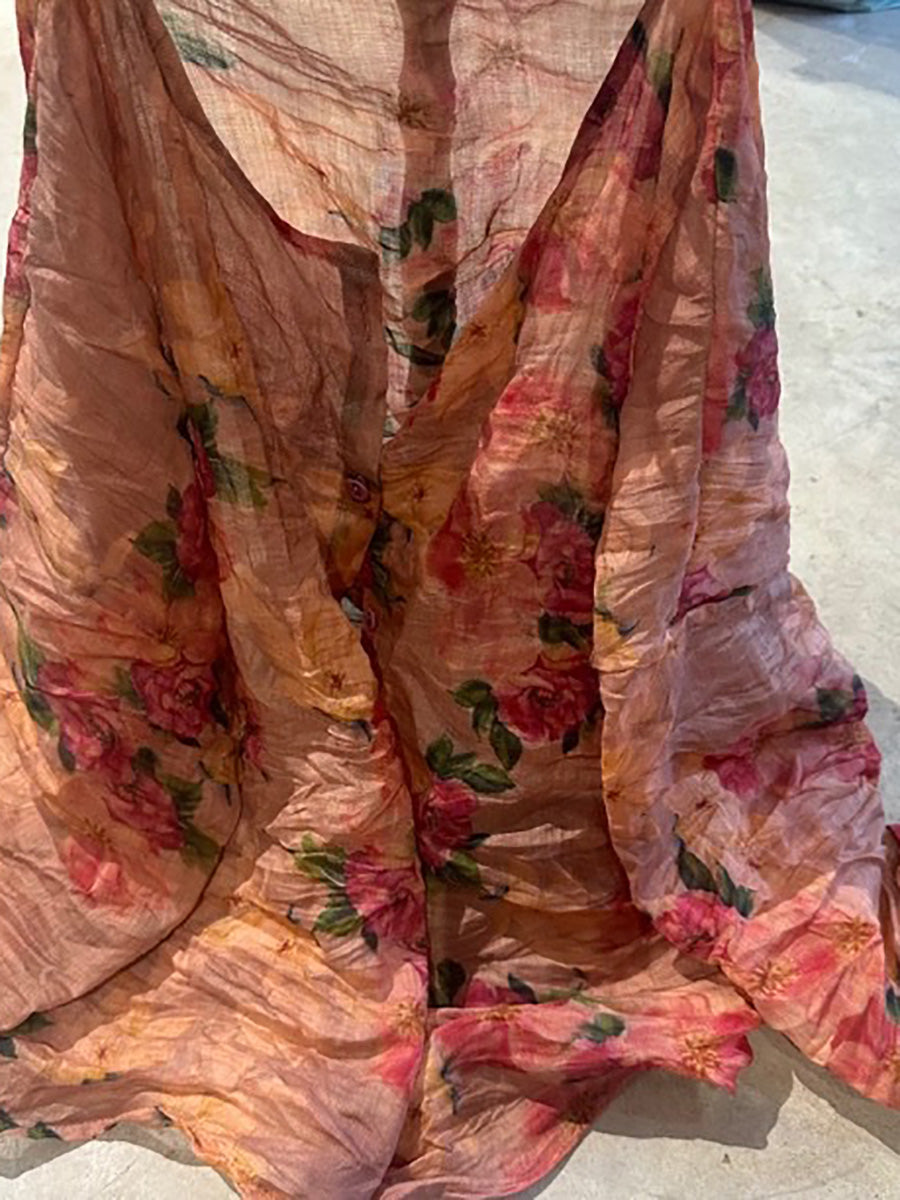 Shirt O-Neck Autumn Women Button Floral Vintage Ramie FashionChic