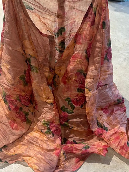 Shirt O-Neck Autumn Women Button Floral Vintage Ramie FashionChic