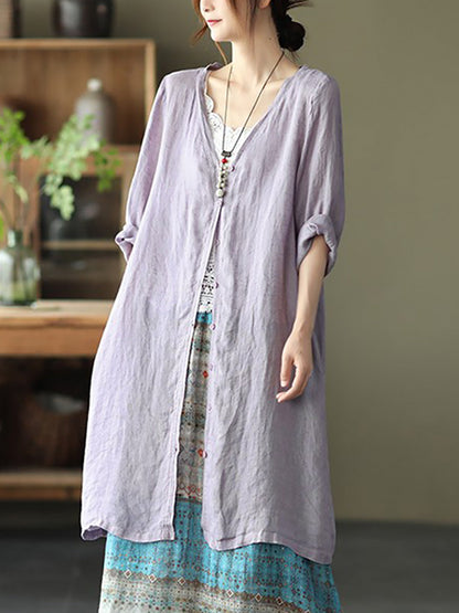 Women Summer Casual Solid Linen Button-up Long Shirt SC1033 Ada Fashion