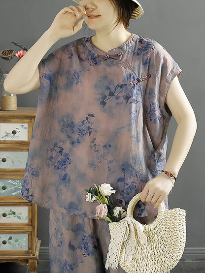 Women Ethnic Summer Floral Buckle 100%Ramie Shirt KL1007 Ada Fashion