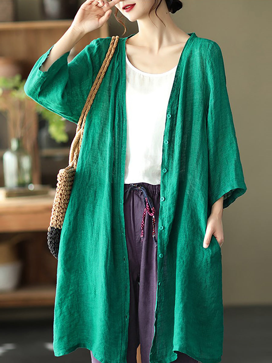 Women Summer Casual Solid Linen Button-up Long Shirt SC1033 Ada Fashion