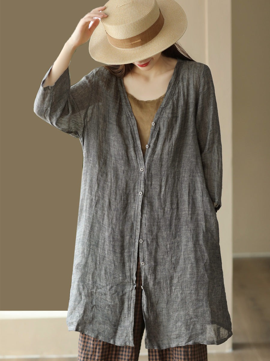 Women Summer Casual Solid Linen Button-up Long Shirt SC1033 Ada Fashion