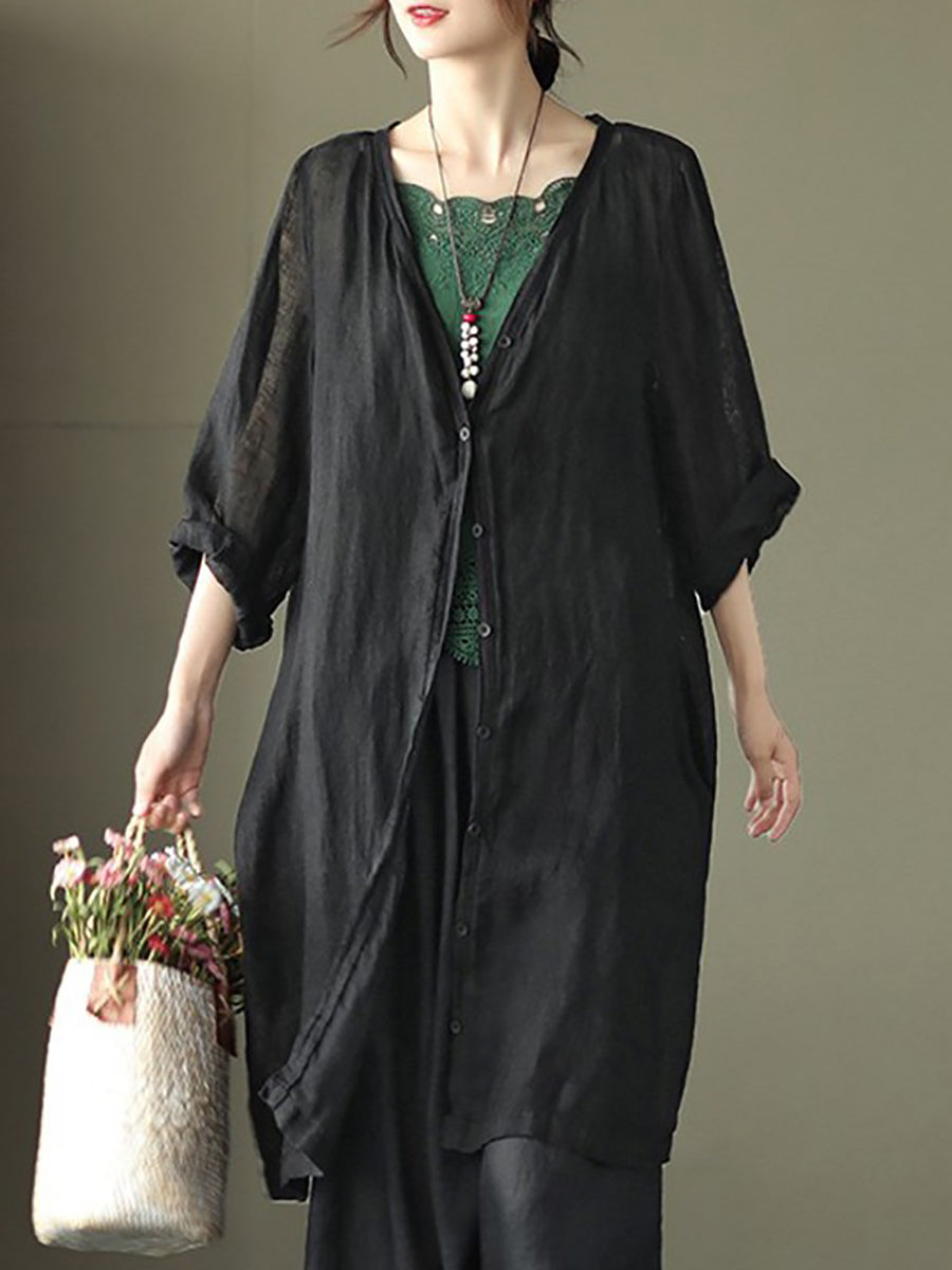 Women Summer Casual Solid Linen Button-up Long Shirt SC1033 Ada Fashion