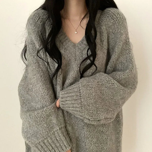 Autumn Winter Women Knitted Sweaters Fashion Korean Oversized Simple V Neck Pullover Harajuku Solid Puff Sleeves Casual Jumpers Furdela