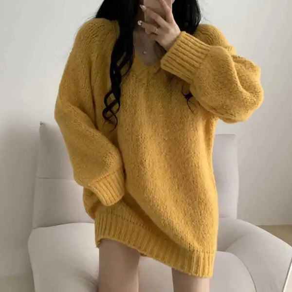 Autumn Winter Women Knitted Sweaters Fashion Korean Oversized Simple V Neck Pullover Harajuku Solid Puff Sleeves Casual Jumpers Furdela