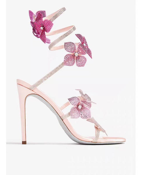 Faux Floral Splicing Zircon Sandals Boutique Stiletto Leather FashionChic