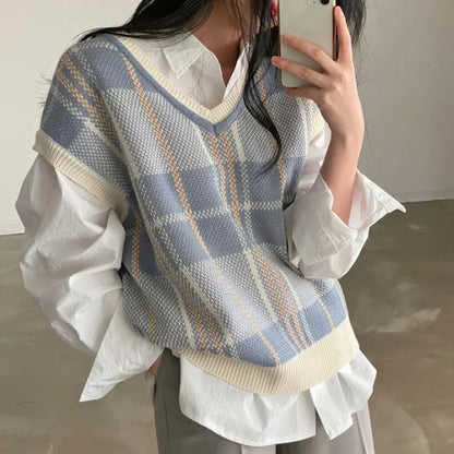 Autumn Winter Female Korean Loose Sweater Vest Vintage Office-lady V-neck Jumpers Pullover Women Knitted Tops Pull Femme 23875 Furdela