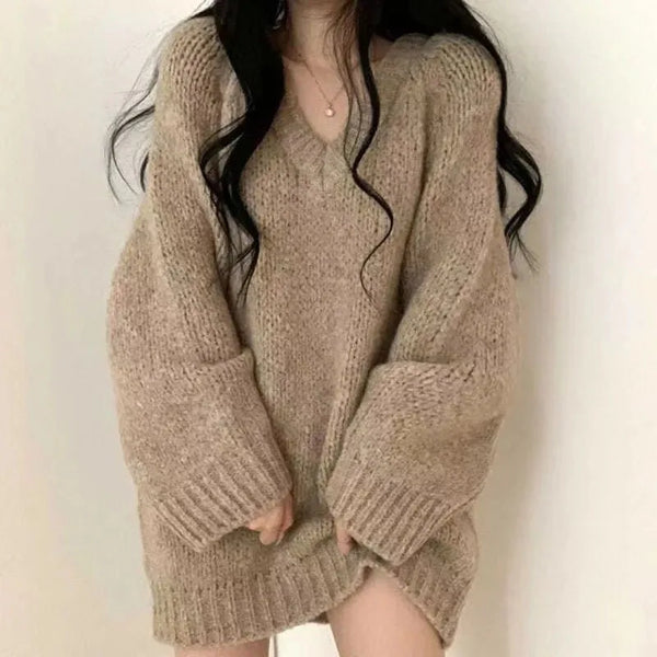 Autumn Winter Women Knitted Sweaters Fashion Korean Oversized Simple V Neck Pullover Harajuku Solid Puff Sleeves Casual Jumpers Furdela