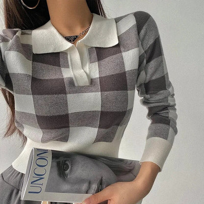 Autumn Winter Vintage Knitwear Crop Tops Women Pullover Sweaters Fashion Female Long Sleeve Elastic Casual Plaid Knitted Shirts Furdela