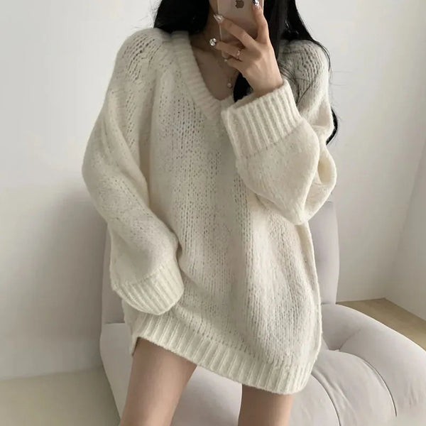 Autumn Winter Women Knitted Sweaters Fashion Korean Oversized Simple V Neck Pullover Harajuku Solid Puff Sleeves Casual Jumpers Furdela