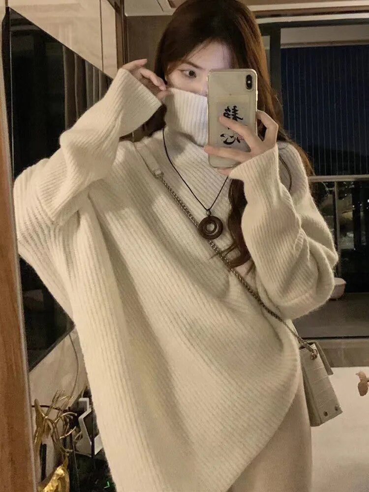 Winter Turtlenecks Women Korean Irregular Knitted Sweater Female Warm Solid Color Pullovers Lady Casual Loose Long Sleeve Jumper Furdela