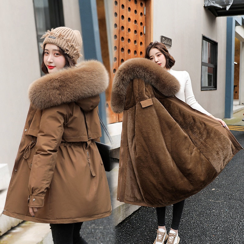 Cyflymder Women Parka Fashion Long Coat Wool Liner Hooded Parkas New Winter Jacket Slim with Fur Collar Warm Snow Wear Padded Clothes Furdela