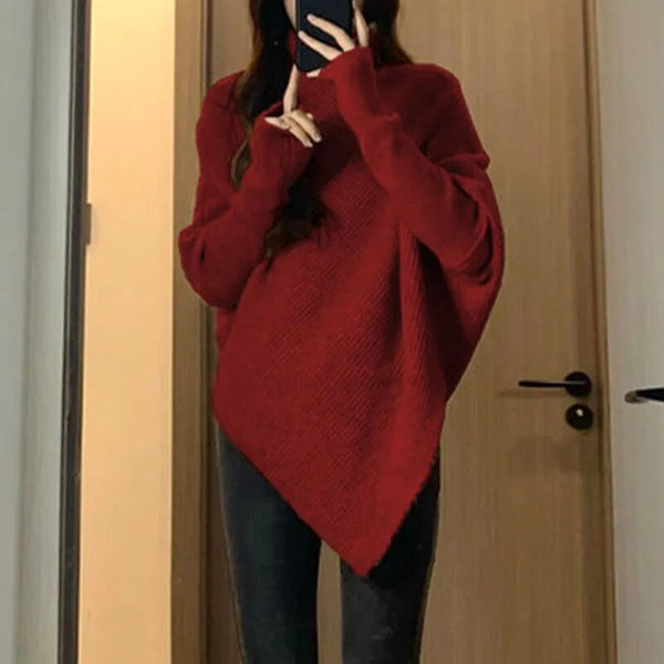 Winter Turtlenecks Women Korean Irregular Knitted Sweater Female Warm Solid Color Pullovers Lady Casual Loose Long Sleeve Jumper Furdela