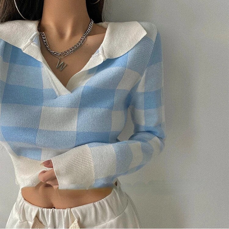 Autumn Winter Vintage Knitwear Crop Tops Women Pullover Sweaters Fashion Female Long Sleeve Elastic Casual Plaid Knitted Shirts Furdela