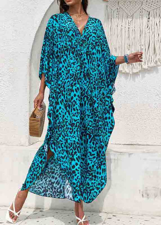 Blue Side Open Chiffon Sea Print Beach Dress V Summer Neck FashionChic
