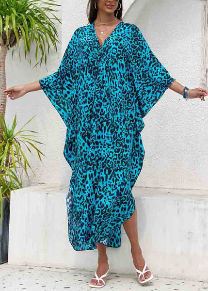 Blue Side Open Chiffon Sea Print Beach Dress V Summer Neck FashionChic