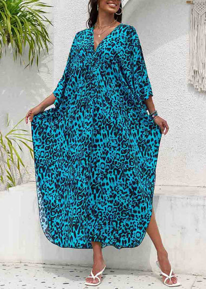 Blue Side Open Chiffon Sea Print Beach Dress V Summer Neck FashionChic