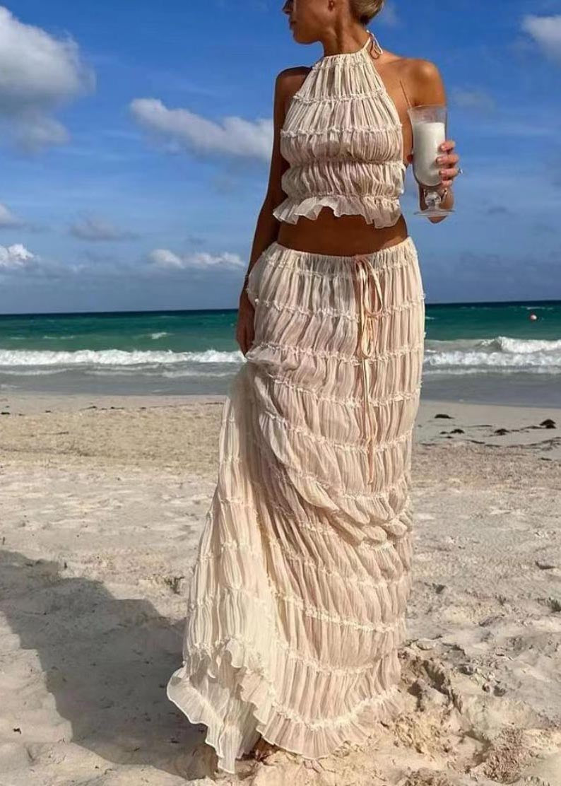 Sexy Wrinkled Halter Two Apricot Set Piece Backless FashionChic