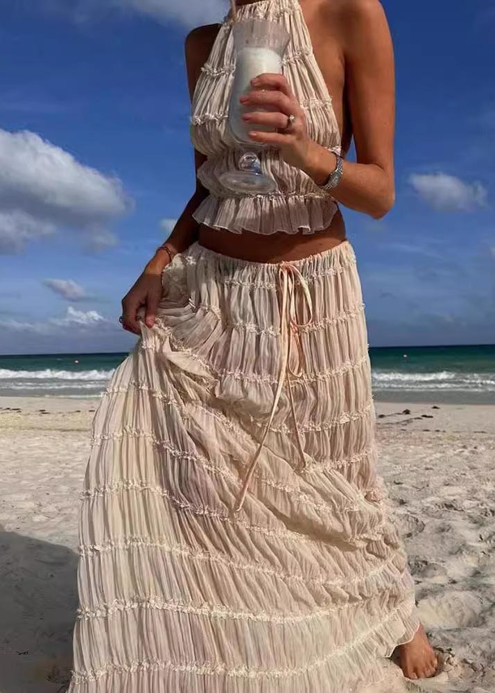 Sexy Wrinkled Halter Two Apricot Set Piece Backless FashionChic