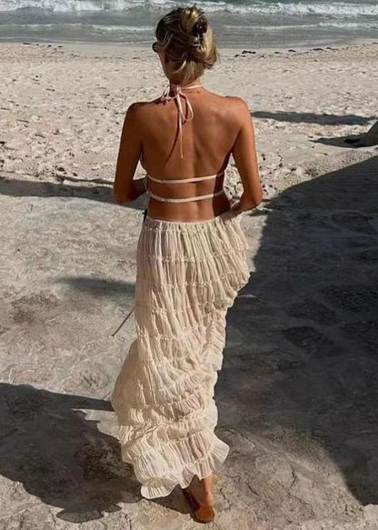 Sexy Wrinkled Halter Two Apricot Set Piece Backless FashionChic