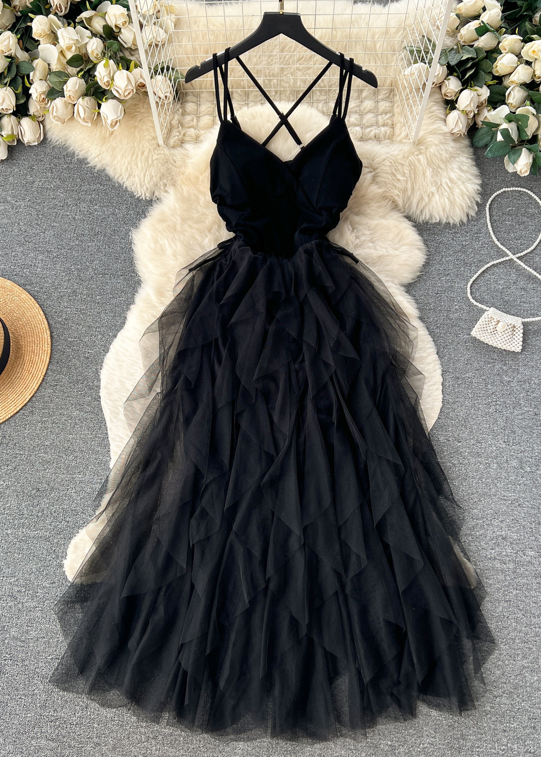 Sexy Apricot Cinched Patchwork Tulle Spaghetti Strap Dress Sleeveless TR044 ZS-SDL240730