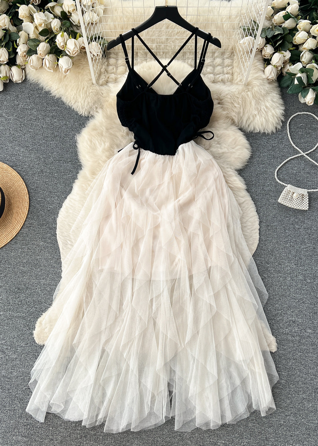 Sexy Apricot Cinched Patchwork Tulle Spaghetti Strap Dress Sleeveless TR044 ZS-SDL240730