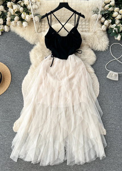 Sexy Apricot Cinched Patchwork Tulle Spaghetti Strap Dress Sleeveless TR044 ZS-SDL240730