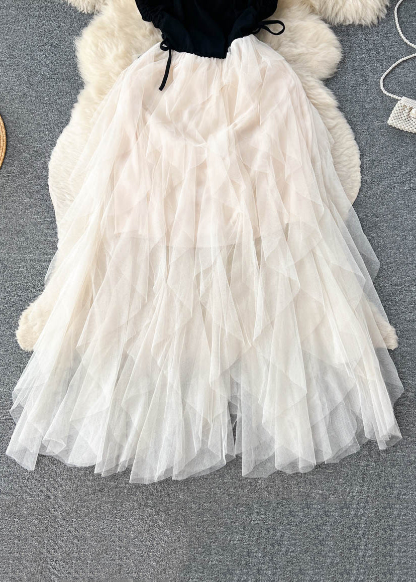 Sexy Apricot Cinched Patchwork Tulle Spaghetti Strap Dress Sleeveless TR044 ZS-SDL240730