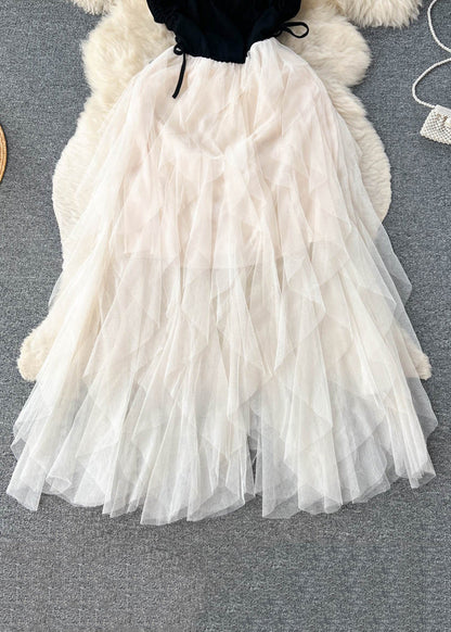 Sexy Apricot Cinched Patchwork Tulle Spaghetti Strap Dress Sleeveless TR044 ZS-SDL240730