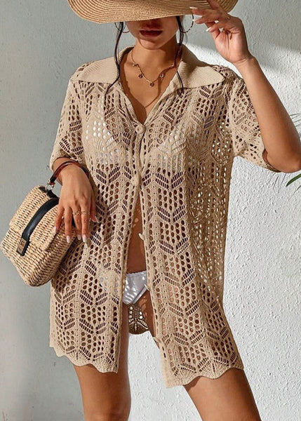 Sexy Apricot Hollow Out Knit Beach Bikini Swimsuit Cover Up VC070 WM-Beach-LYQ240615