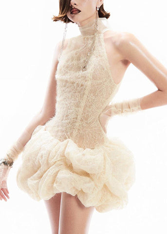 Apricot Sexy Lace Turtleneck Sleeveless Patchwork Dress Mid FashionChic