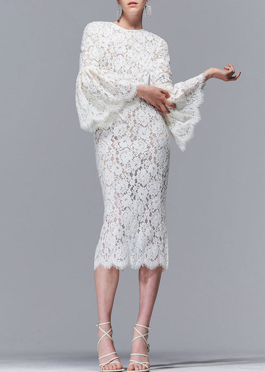 Sexy Beige Hollow Out Side Open Lace Dress Flare Sleeve AM1013 Genistyle Shop