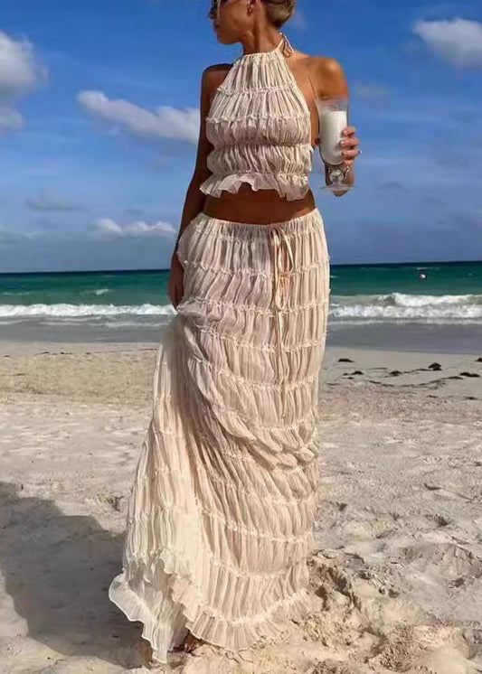 Set Sleeveless Pieces Beige Two Ruffled Sexy Up Lace Chiffon FashionChic