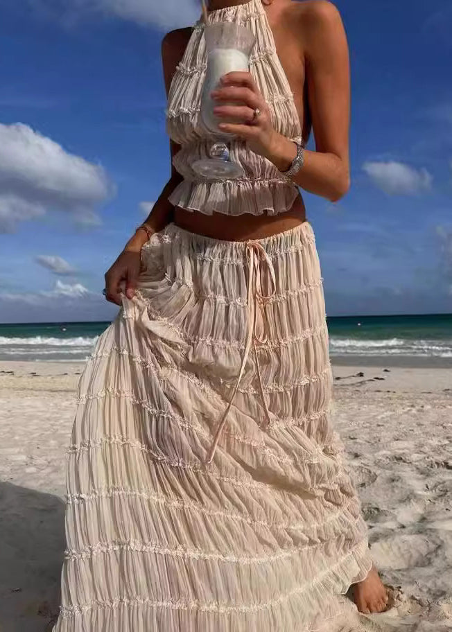 Set Sleeveless Pieces Beige Two Ruffled Sexy Up Lace Chiffon FashionChic