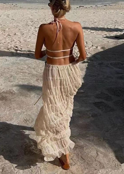 Set Sleeveless Pieces Beige Two Ruffled Sexy Up Lace Chiffon FashionChic