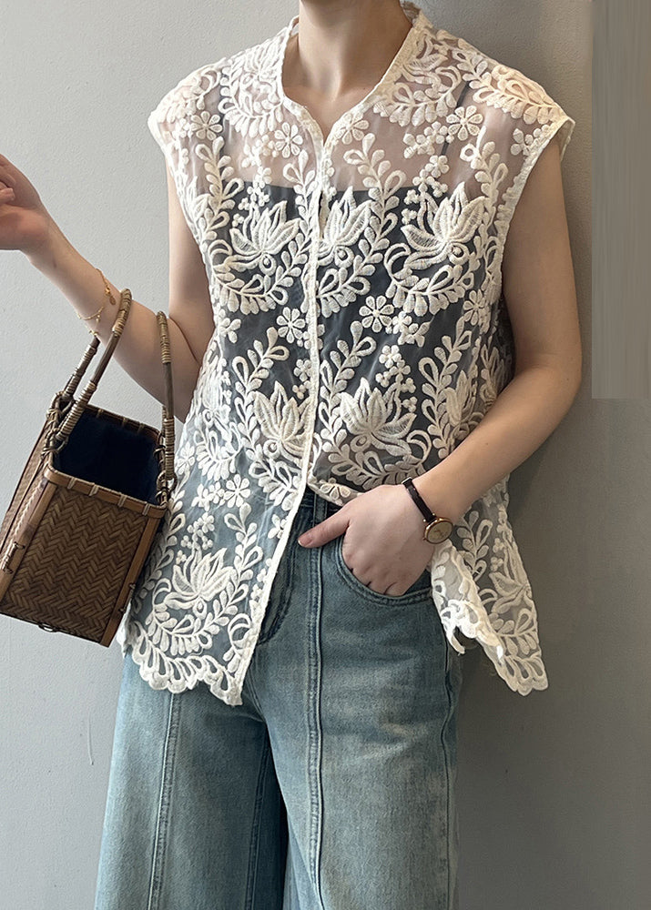 Sexy Beige V Neck Embroidered Floral Hollow Out Shirts Summer VB1076 Ada Fashion