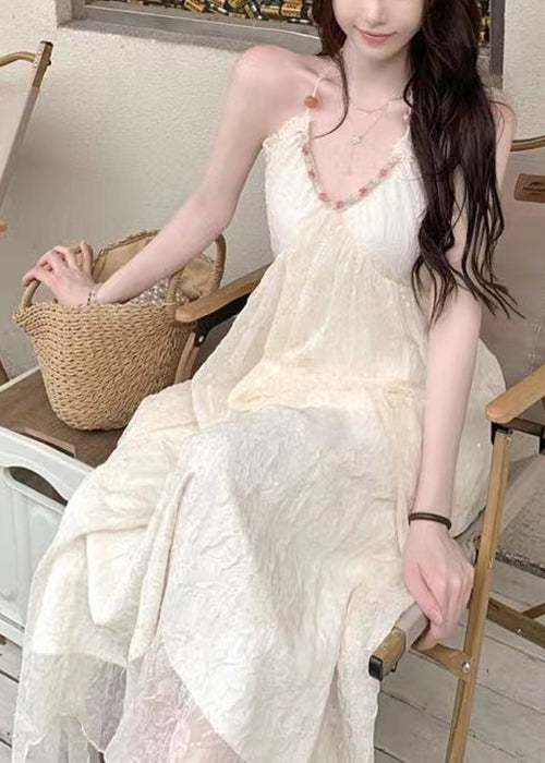 Sexy Beige V Neck Lace Up Patchwork Chiffon Dress Sleeveless ZL013 SH-LF-SDL240621