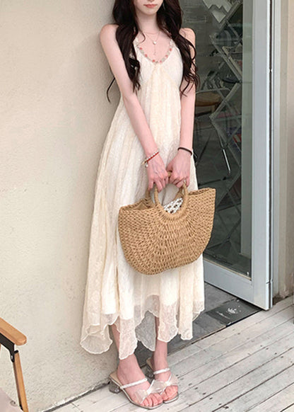 Sexy Beige V Neck Lace Up Patchwork Chiffon Dress Sleeveless ZL013 SH-LF-SDL240621