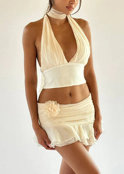 Sexy Beige V Neck Lace Up Tank And Skirts Cotton Two Pieces Set Sleeveless YZ060 ABC