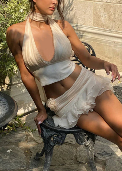 Sexy Beige V Neck Lace Up Tank And Skirts Cotton Two Pieces Set Sleeveless YZ060 ABC