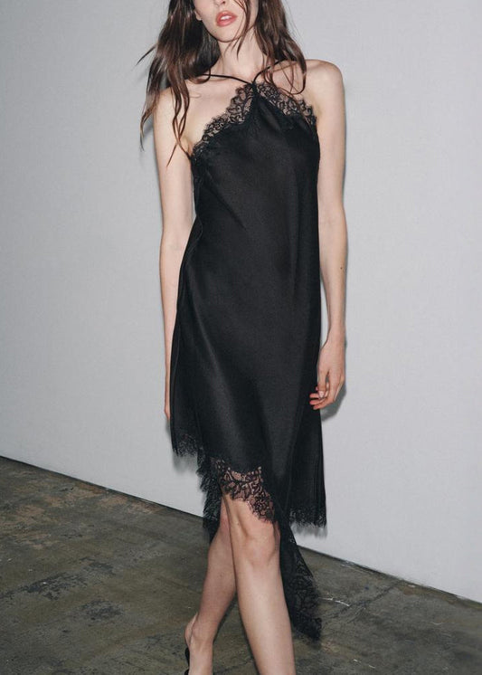 Black Patchwork Dresses Lace Asymmetrical Sleeveless Sexy Silk FashionChic