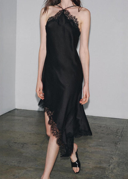 Black Patchwork Dresses Lace Asymmetrical Sleeveless Sexy Silk FashionChic