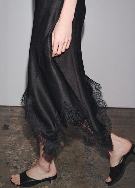 Black Patchwork Dresses Lace Asymmetrical Sleeveless Sexy Silk FashionChic