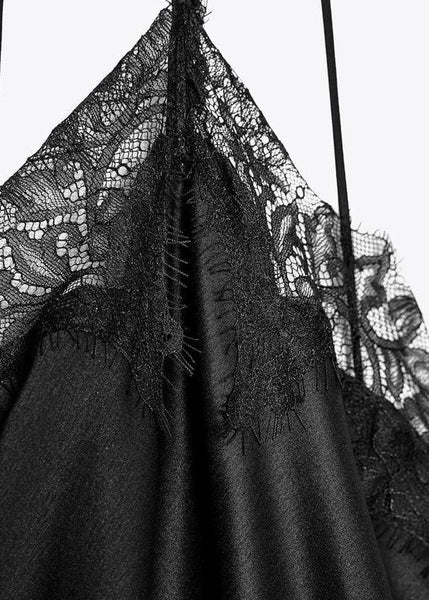 Black Patchwork Dresses Lace Asymmetrical Sleeveless Sexy Silk FashionChic