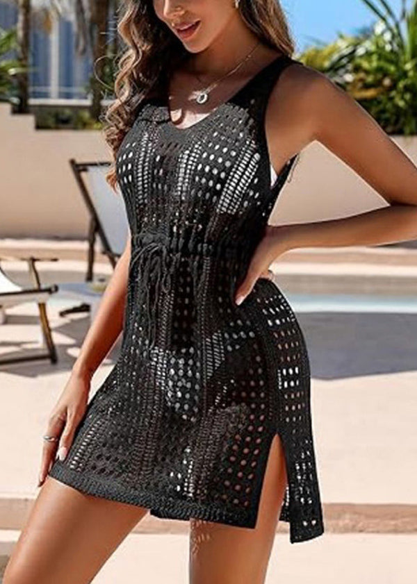 Sexy Black Drawstring Hollow Out Knit Cover Up VC025 WM-Beach-LYQ240615
