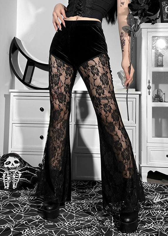 Sexy Black High Waist Lace Patchwork Silk Velvet Flared Trousers Spring YT014 ABC