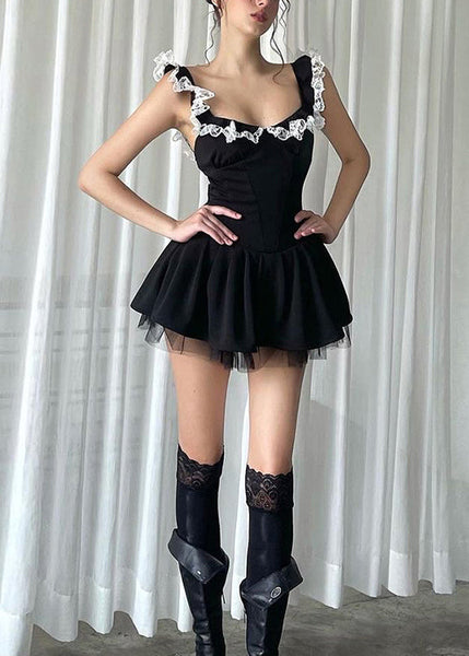 Cotton Lace Summer Black Dress Patchwork Ruffled Sexy Mini FashionChic