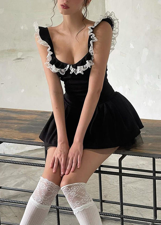 Cotton Lace Summer Black Dress Patchwork Ruffled Sexy Mini FashionChic