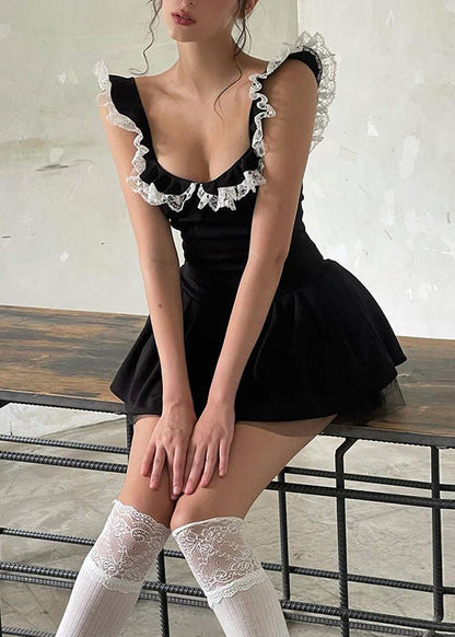 Cotton Lace Summer Black Dress Patchwork Ruffled Sexy Mini FashionChic