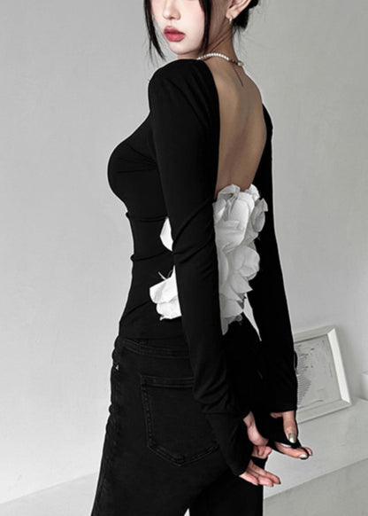 Out Sexy Patchwork Backless Fall Hollow Top Black FashionChic
